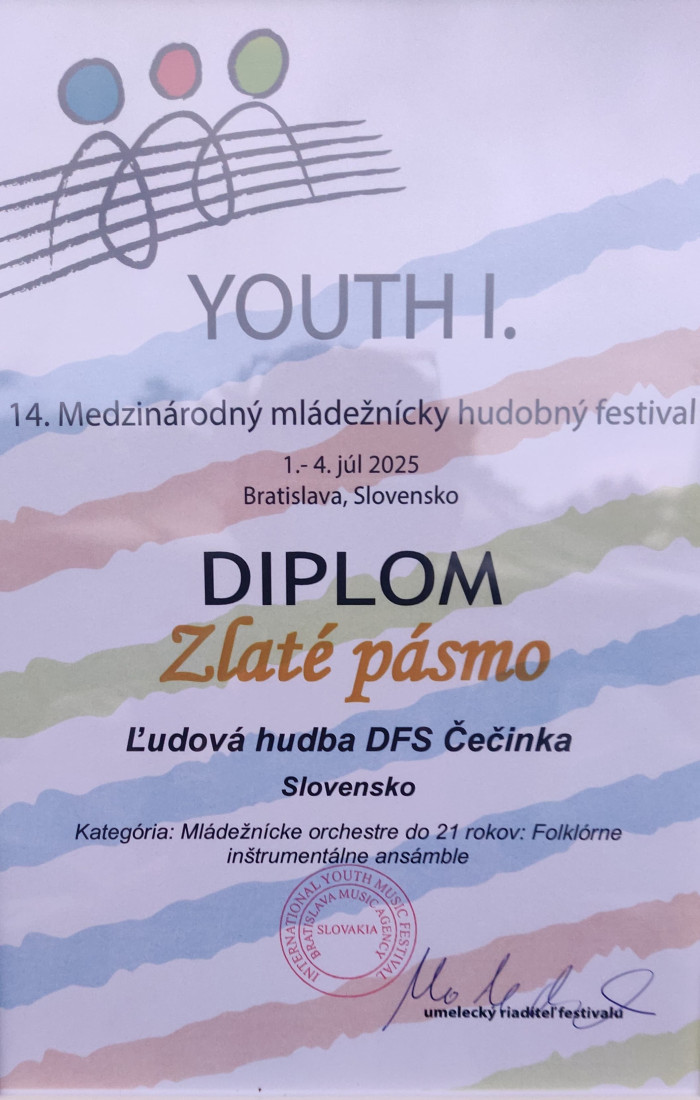 Ľudová hudba DFS Čečinka v zlatom pásme na Medzinárodnom festivale v Bratislave